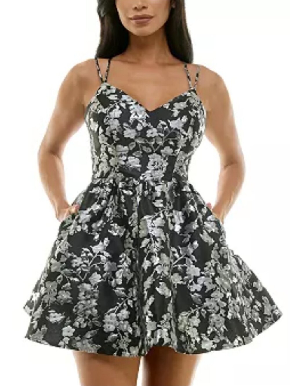 B Darlin Nwt Black w Metalic Silver Floral Spaghetti Strap Fit & Flare Dress